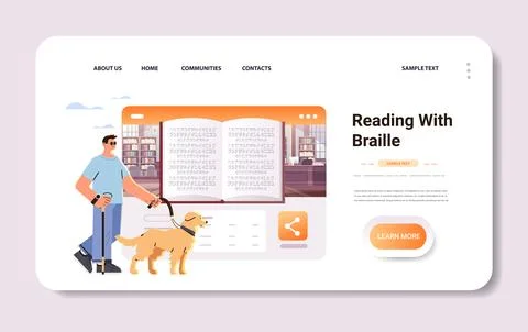 Bling man walking with guide dog assistant and reading with braille alphabet Stock Illustration
