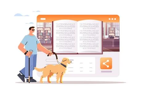 Bling man walking with guide dog assistant and reading with braille alphabet Stock Illustration
