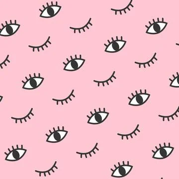Blink Eye Black Eyelash Pattern Pink Background Stock Illustration