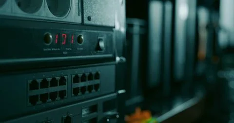 Blinking 101 red lights on a switch in a datacenter Stock Photos