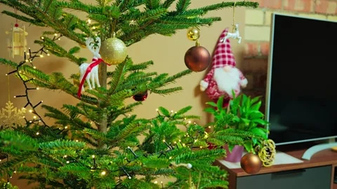 Blinking Christmas Lights Decorating Festive Tree In Home Living Room Stock Footage 340874036