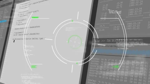 Blinking cursor starting circular HUD locking amid two monitors at workstation 스톡 동영상 332900408