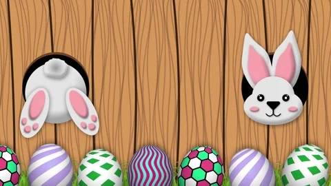 Blinking eyes and swinging ear rabbit on wooden background with decorated e.. Stock Footage 304269174