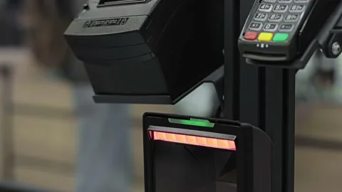 Blinking flashing scanner for reading barcodes at self-service checkout SCO Video stock 219412004