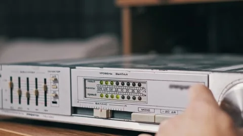Blinking Green LED Meter on Vintage Amplifier Panel Stock Footage 323514866