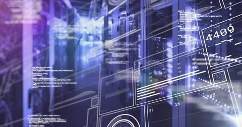 Blinking LED lights illuminating server racks in secure data center corridor, Illustrazione stock