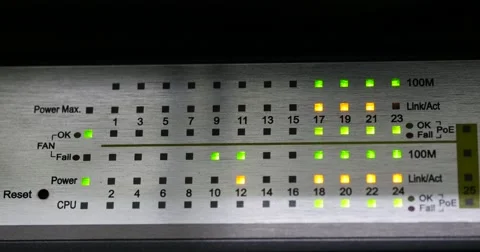 Blinking LEDs of network server stacka in a datacenter Stock Footage 58312305