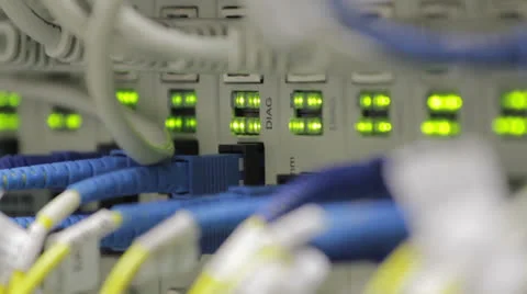 Blinking LEDs on optical converters showing big traffic Stock Footage 24849939