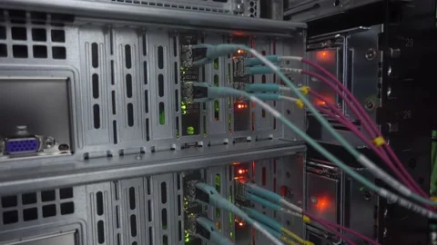 Blinking LEDs on optical server. Big traffic data transfer monitoring. Stock Footage 194490256
