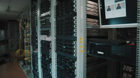 Blinking LEDs of server stack with hard drives in a datacenter Stock Footage 142199123