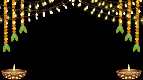 Blinking light, flowers and diya lamp decoration on black background. Stock Footage 318475531