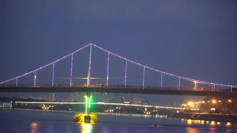 Blinking lights on night bridge, sparkle in water reflection Video stock 93700208