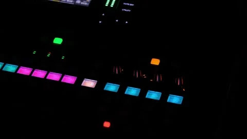 Blinking Lights on a panel of a sound console. Audio recording equipment closeup Video stock 155956349