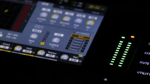 Blinking Lights on a panel of a sound console. Digital audio mixer closeup. Stock-Footage 155956794