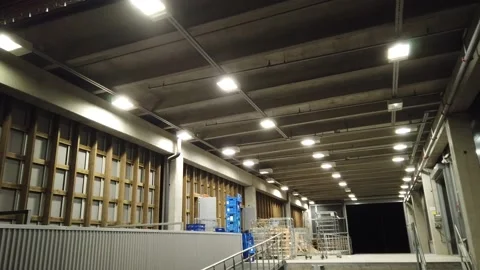 Blinking lights at a warehouse storage area ceiling Stock-Footage 164033599