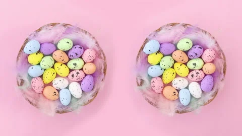 Blinking lights on wooden basket with Easter eggs. Stop motion Stock Footage 148789525