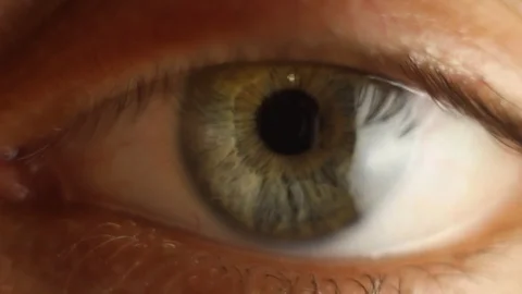 Blinking male eye close-up looking around. red artery on the eyeball macro Stock Footage