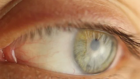 Blinking male eye close-up looking around. red artery on the eyeball macro Stock Footage 108482018