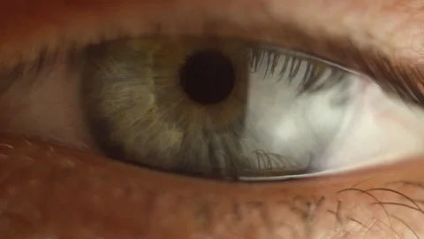 Blinking male eye close-up looking around. red artery on the eyeball macro Stock Footage 108514763