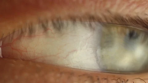 Blinking male eye close-up looking around. red artery on the eyeball macro Stock Footage 108538340