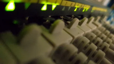Blinking network ethernet active switch with connected cables in server room 스톡 동영상 94742332