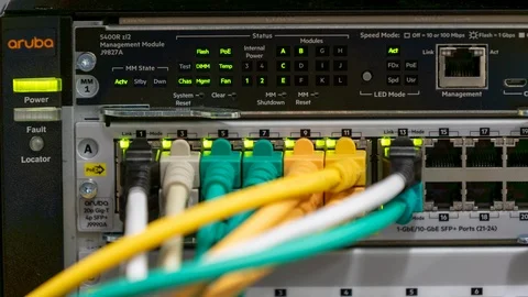 Blinking network  switch with different connected cables in server room 動画素材 122056109