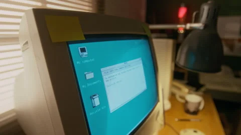 Blinking Screen of Vintage Desktop Computer with Notepad App Stock Footage 327233266