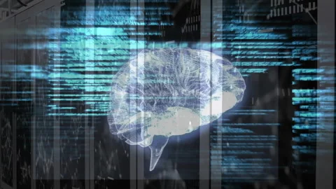 Blinking server lights initiating 3D brain emerging, code streams pulsing Stock Footage 313493078