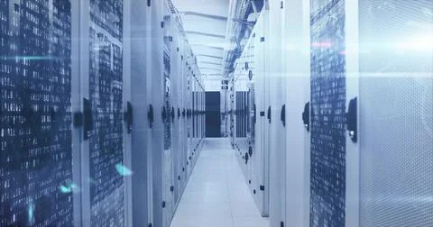 Blinking server rack LEDs lining data center corridor with cable trays, raised Stock Photos