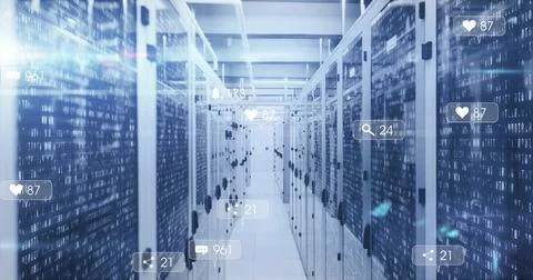 Blinking server rack LEDs projecting binary code in data center aisle, with 写真素材