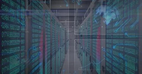 Blinking server racks lining secure data center corridor, with LED lights, fl Stock Illustration