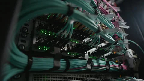 Blinking Status Lights and Cables on Data Center Server Network Hardware Stock Footage 330541169