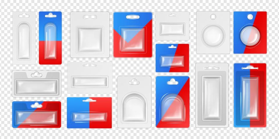 Blister mockup. Plastic box pack. Square hang case or white clamshell. 3D Stock Illustration