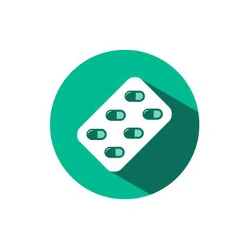 Blister pack icon with shadow on a green circle. Vector pharmacy illustration Stock Illustration