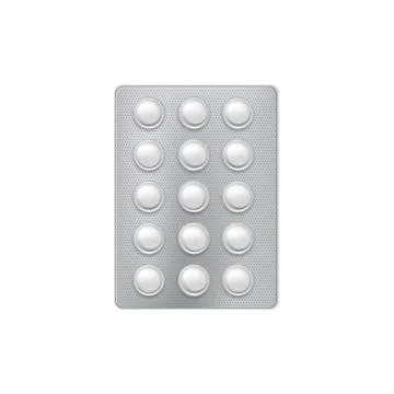 Blister pack packaging with round white pills in three rows. Stock Illustration