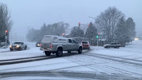 Blizzard Conditions Road Intersection, Cold Weather Highway Vehicle Transport Stock Footage 120518878
