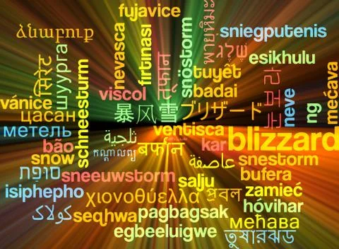 Blizzard multilanguage wordcloud background concept glowing Illustrazione stock