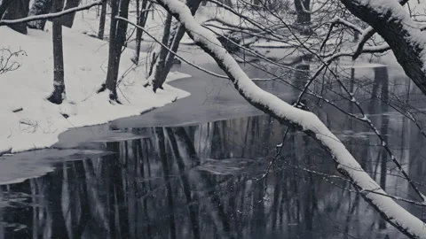 Blizzard Over Icy Rapids and Snow-Covered Shore. Version 1 Stock Footage 300018871