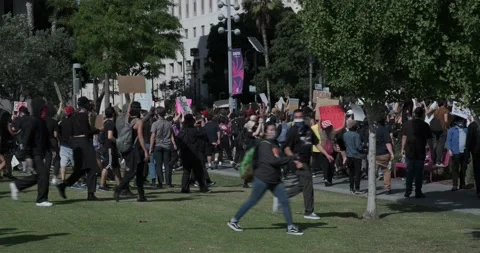 BLM Protesters marching at Grand Park Los Angeles City Hall 4k Stock Footage 194462086