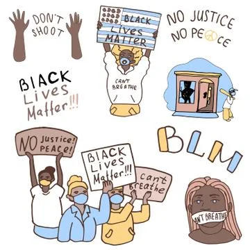 BLM protesters sticker set on white isolated backdrop. Stock Illustration