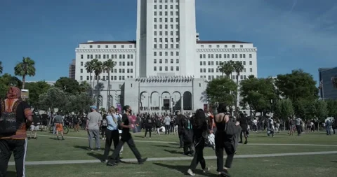 BLM Protests Grand Park facing Los Angeles City Hall 4k Stock Footage 194462027
