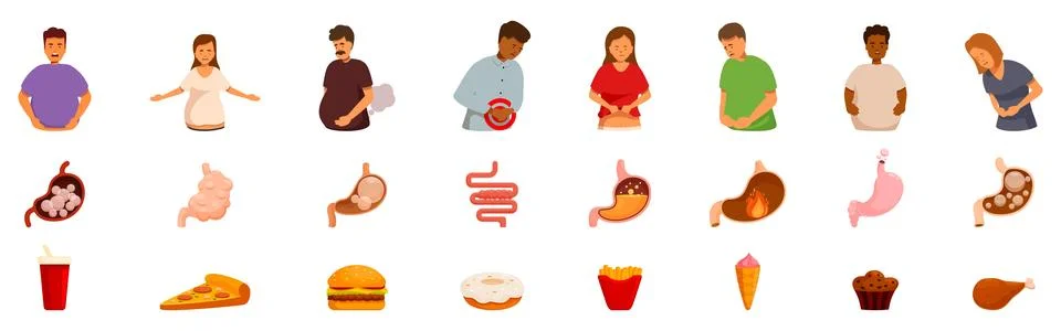 Bloating icons set. Overeating causing stomach ache and digestive problems Stock Illustration