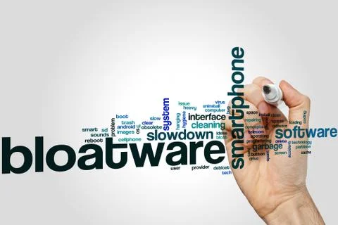 Bloatware word cloud on grey background Stockfoto's