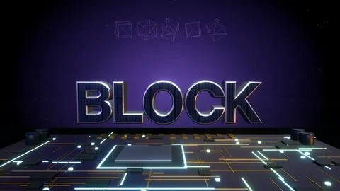 BLOCK 3D Text with Blockchain Cubes on a Circuit Board Stock Illustration