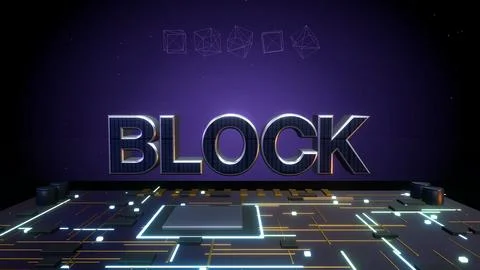 BLOCK 3D Text with Blockchain Cubes on a Circuit Board Stock Illustration