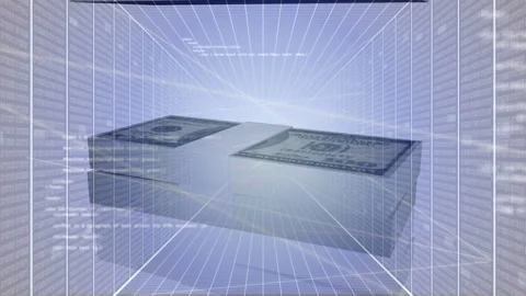 Block appearing and descending in wireframe tunnel morphing into stacked notes Stock Footage 335651988