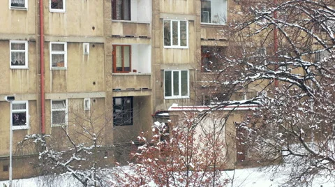 Block Building Covered in snow Stock Footage 59910184