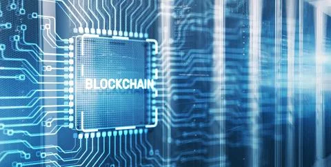 Block Chain on 3d Electronic Circuit Board Chip 스톡 사진