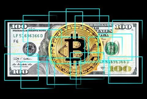 Block chain and computer connection with golden Bitcoin and american dollar イラスト素材