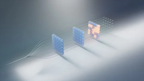 Block chain blockchain data flow turns blue digital blocks into orange. Big data Stock Footage 263218864